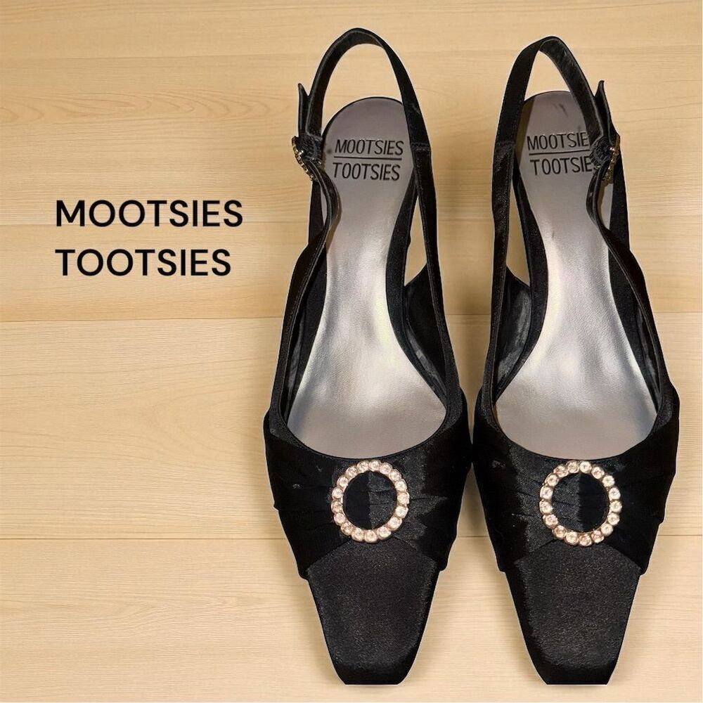 Mootsies Tootsies Monono Black Satin Formal Slingback Heels Rhinestone Shoes